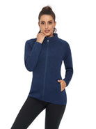 Solid Blue Full-zip Long-sleeve Fleece Jacket for Women