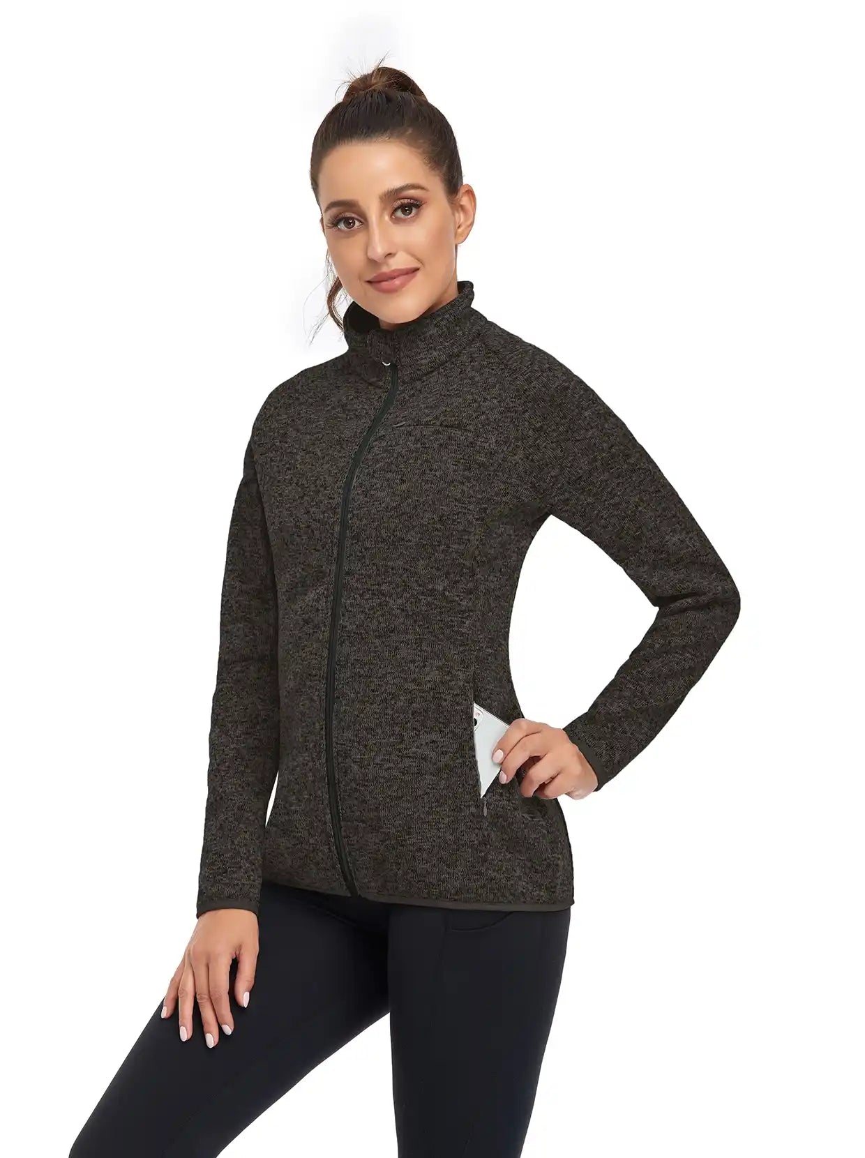 Dark Grey Full-zip Long-sleeve Fleece Jacket for Women