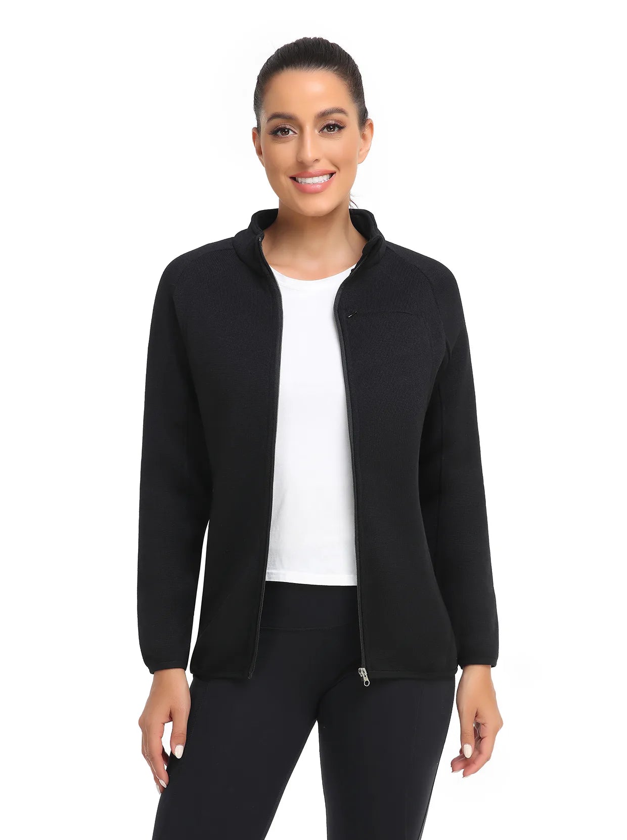 Solid Black Full-zip Long-sleeve Thermal Jacket For Women 