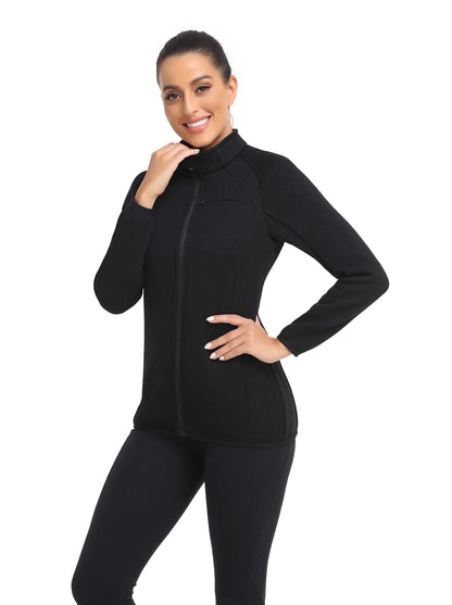 Solid Black Full-zip Long-sleeve Thermal Jacket For Women