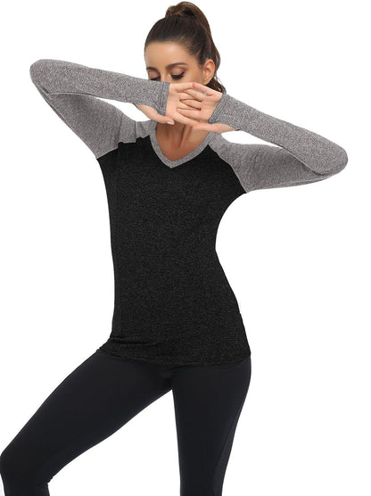 Women's V-neck Long-sleeve Fleece Top with Thumbholes