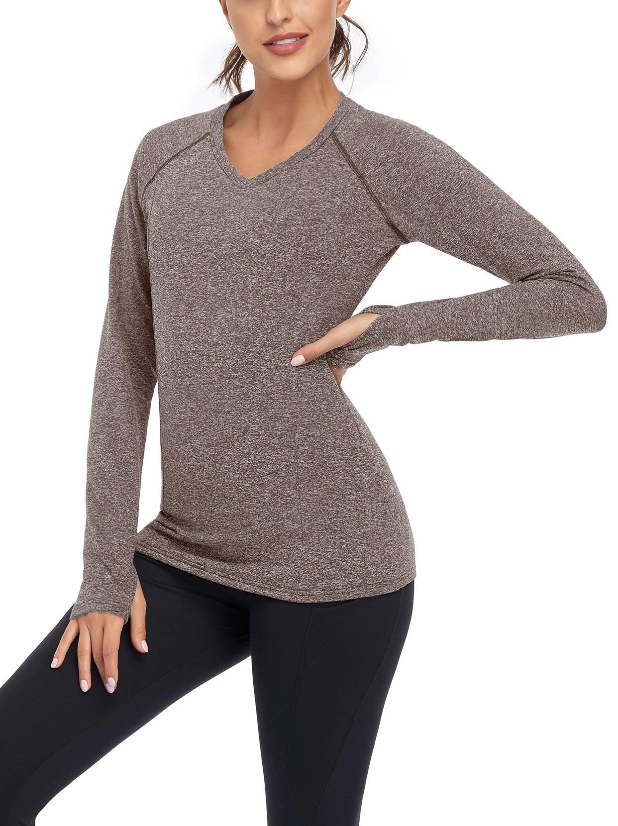 Women's Thermal-🌞SO® Brown Thermal Fleece Running Shirts Compression Shirts Quick Dry Workout Pullover Tops with Thumb Holes