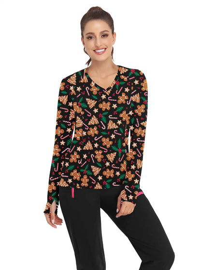 Christmas tree Print on Black Background Long-sleeve Top for Women