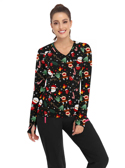 Christmas Reindeer V-neck Long-sleeve Thermal Top for Women