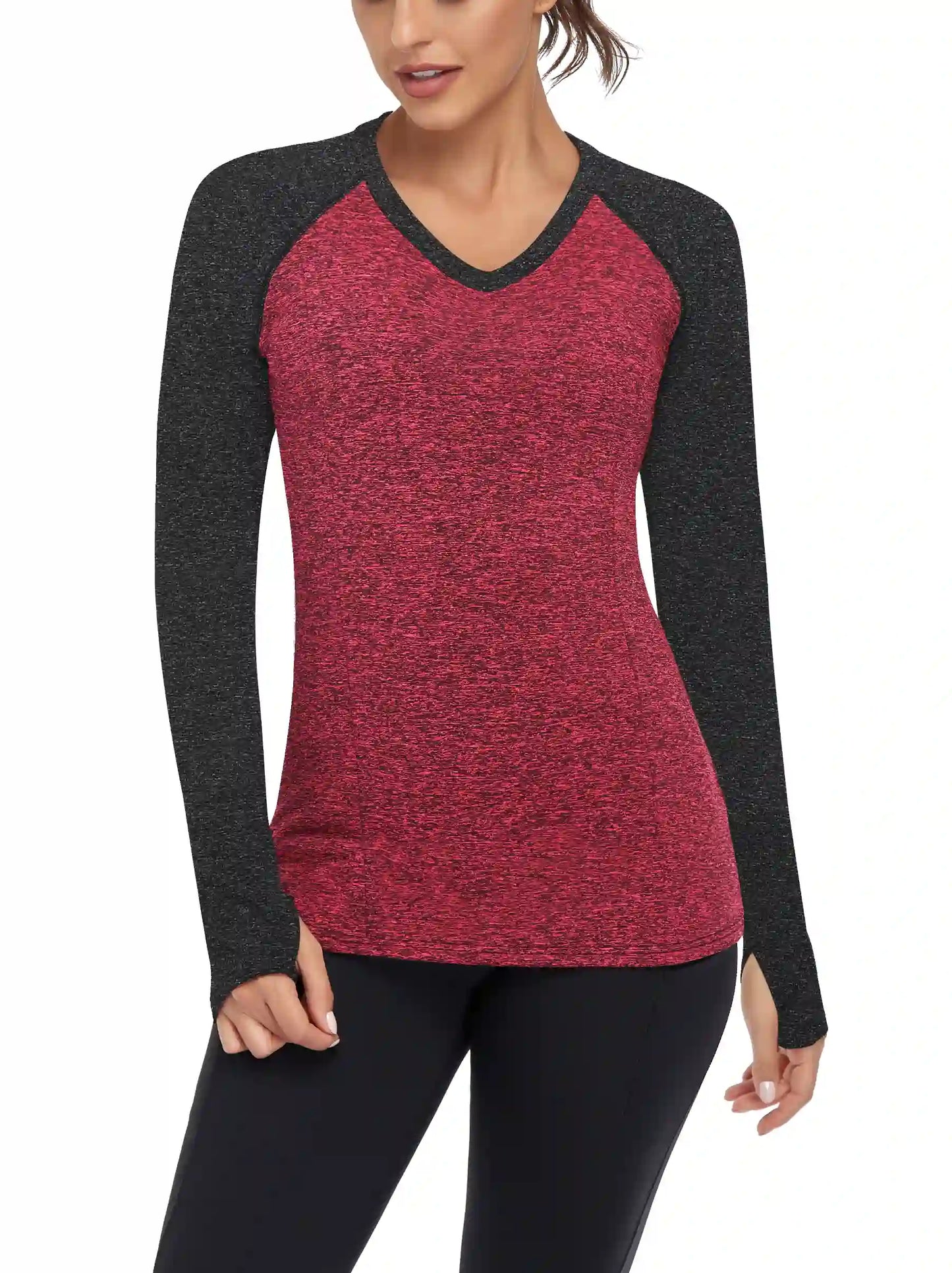 Women's V-neck Long-sleeve Fleece Top with Thumbholes