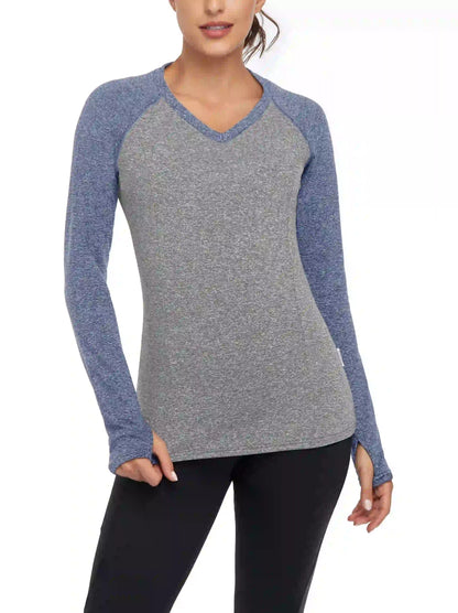 Women's V-neck Long-sleeve Fleece Top with Thumbholes