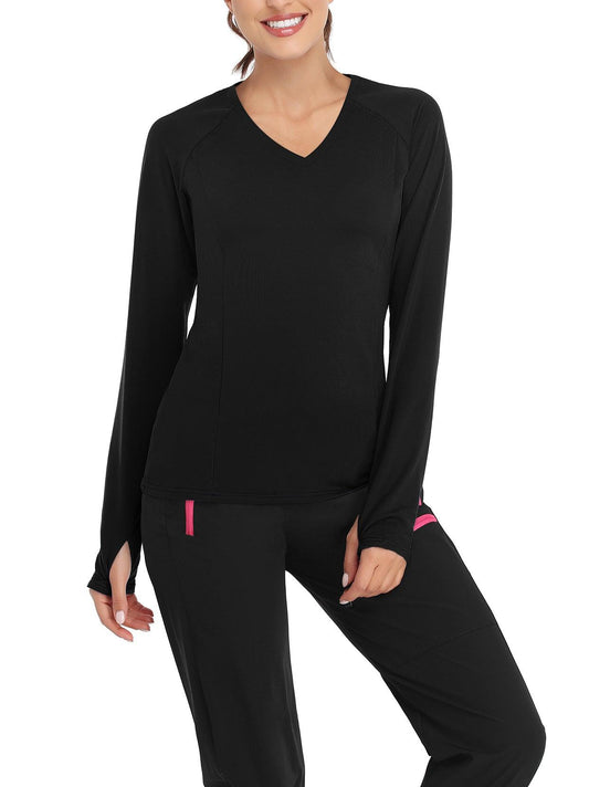 Women's Thermal-🌞SO® Solid Black Thermal Fleece Running Shirts Compression Shirts Quick Dry Workout Pullover Tops with Thumb Holes