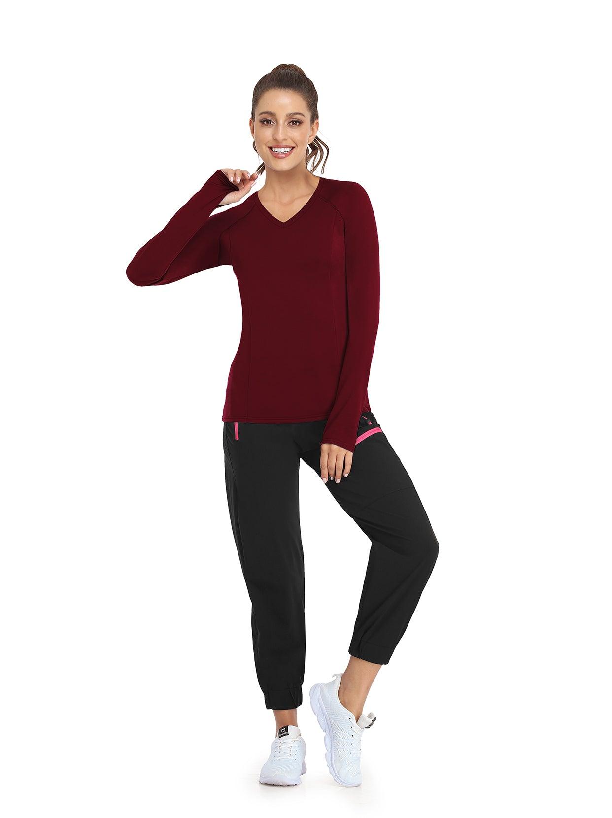 Women's Thermal-🌞SO® Wine Red Thermal Fleece Running Shirts Compression Shirts Quick Dry Workout Pullover Tops with Thumb Holes