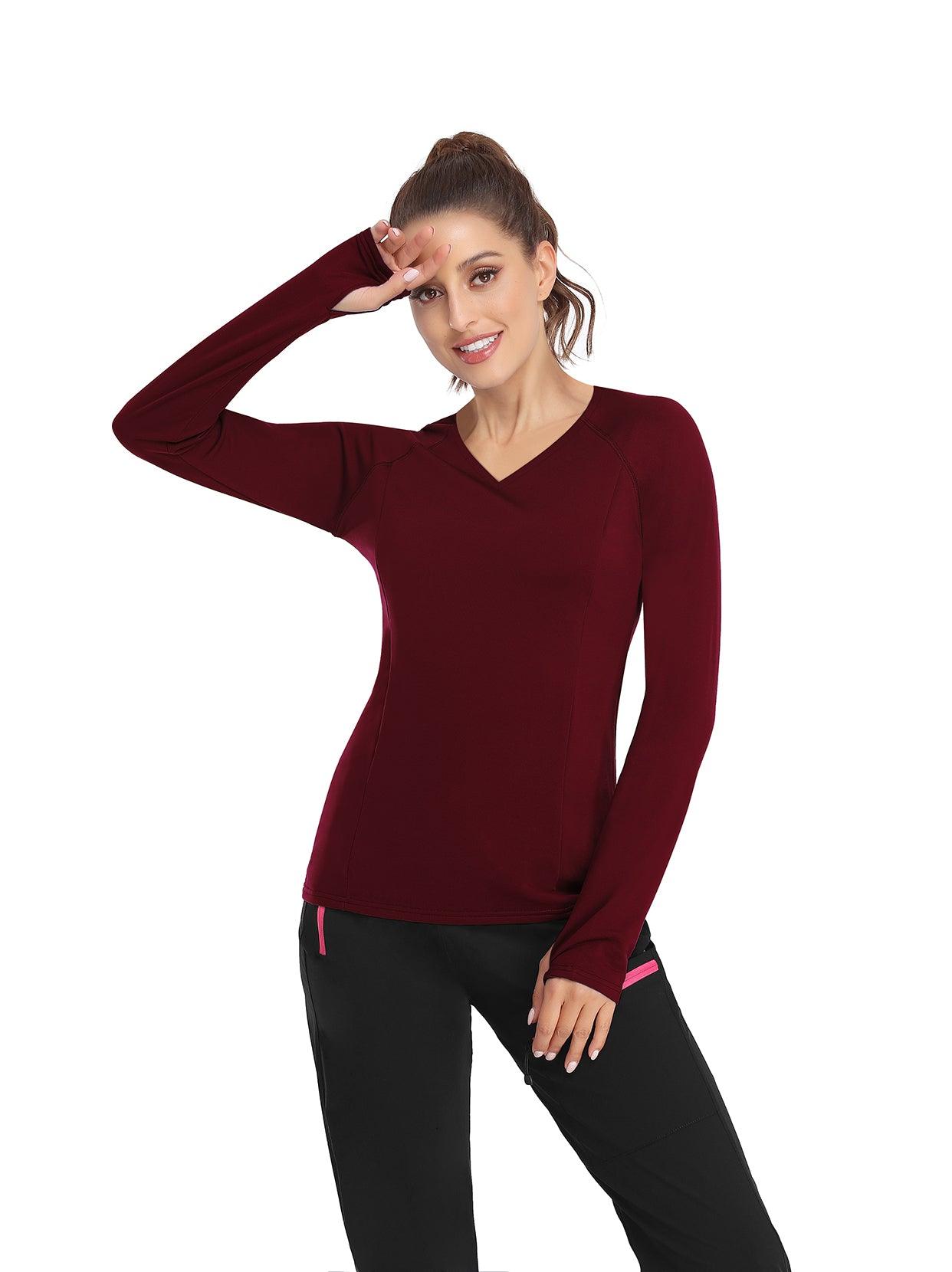 Women's Thermal-🌞SO® Wine Red Thermal Fleece Running Shirts Compression Shirts Quick Dry Workout Pullover Tops with Thumb Holes