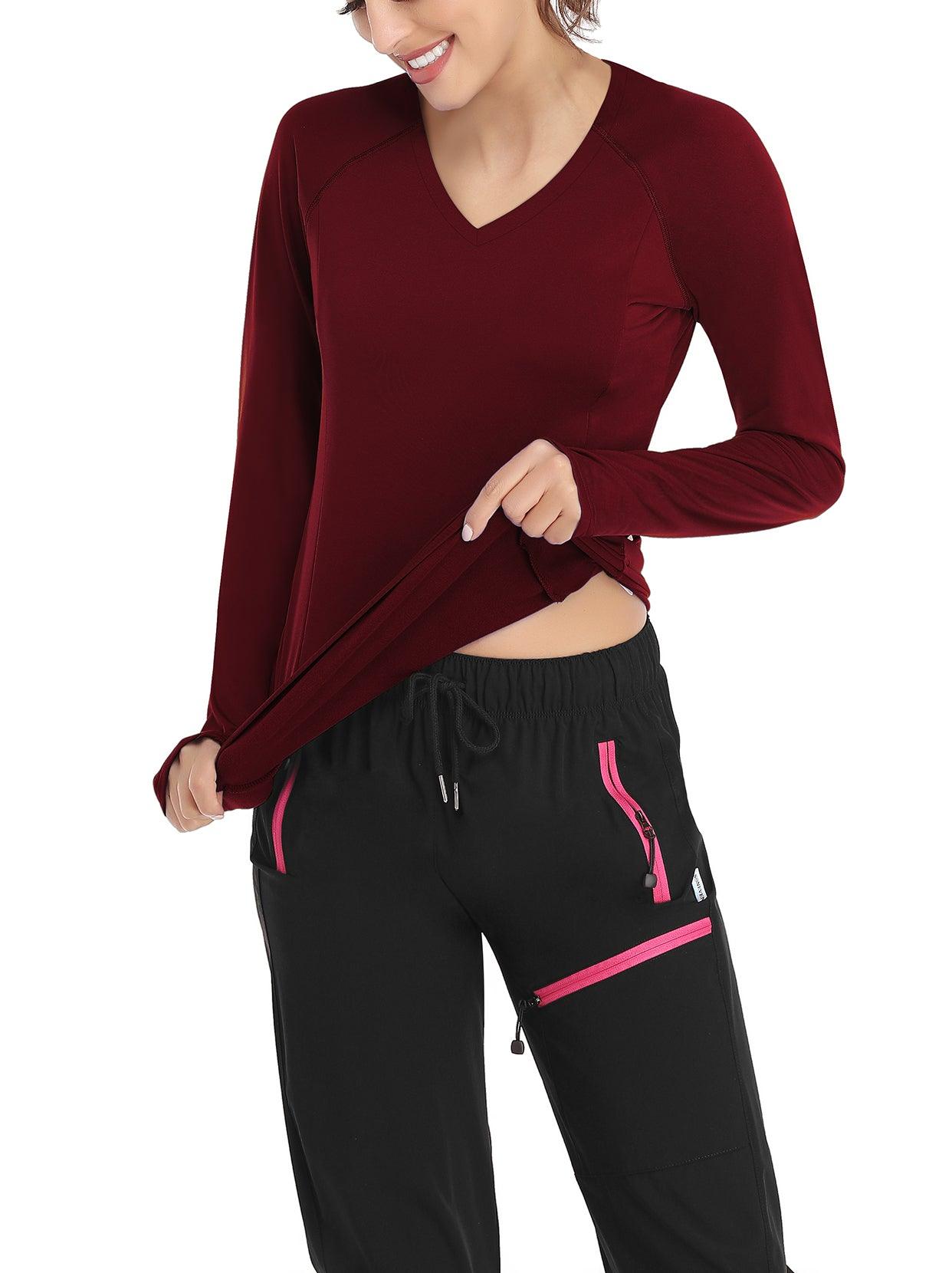 Women's Thermal-🌞SO® Wine Red Thermal Fleece Running Shirts Compression Shirts Quick Dry Workout Pullover Tops with Thumb Holes