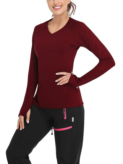 Women's Thermal-🌞SO® Wine Red Thermal Fleece Running Shirts Compression Shirts Quick Dry Workout Pullover Tops with Thumb Holes