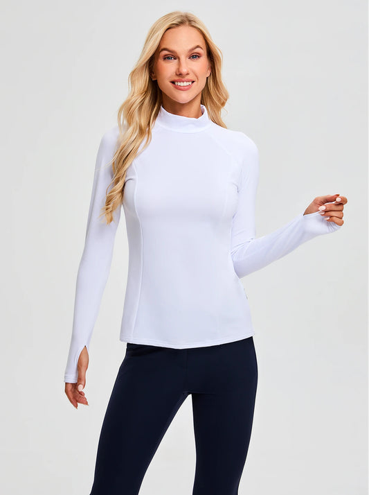 Solid Color Mock Neck Long-sleeve Fleece Top for Women