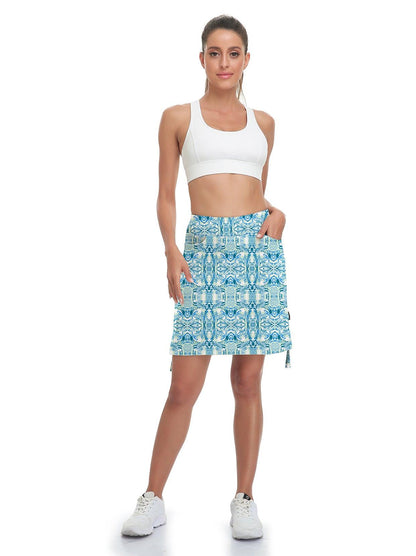 Ladies Women's Active Skort with Pocket-Blue Printing Hosenrock Damen Knielang Kurz Tennisrock Wanderrock Damen mit Innenhose Sport Rock Tennis Skirt mit Taschen und Verstellbare Kordelzug Mini Rock