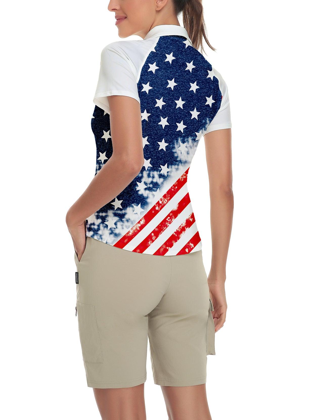 Navy American Flag Short Sleeve Golf Polo for Ladies