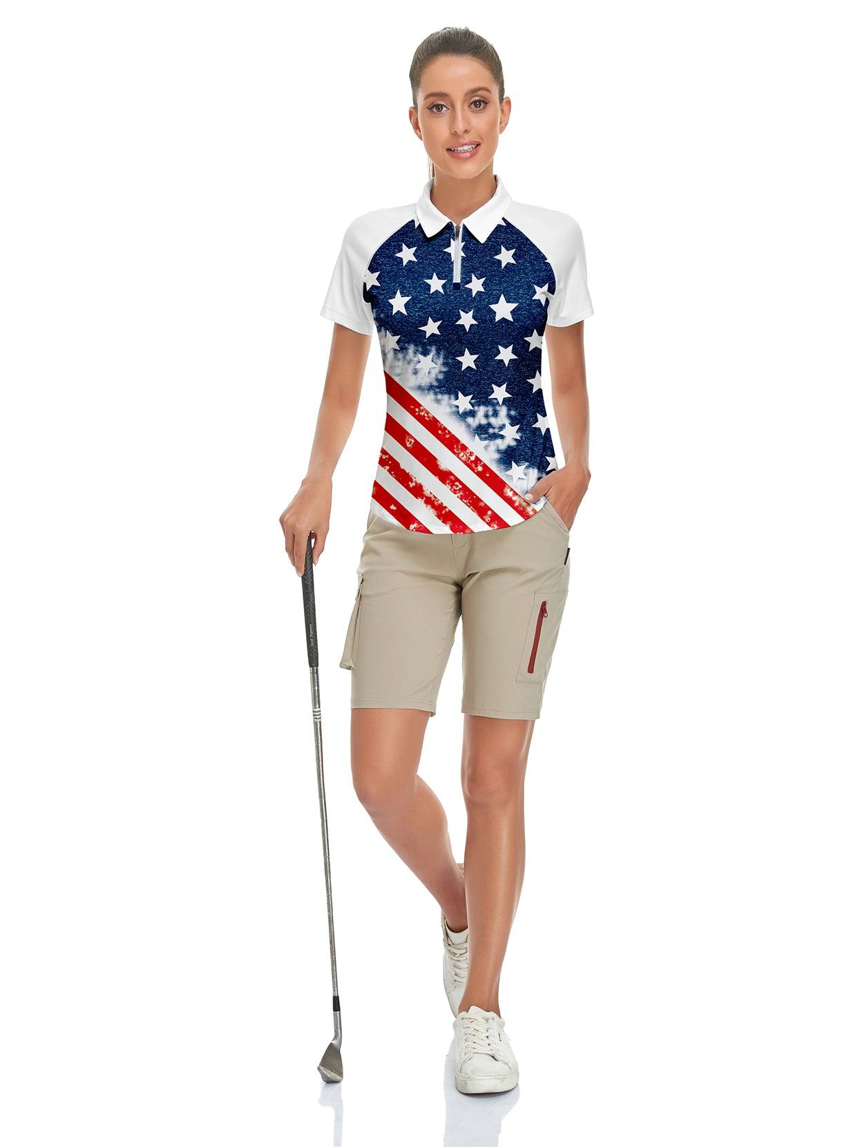 Navy American Flag Short Sleeve Golf Polo for Ladies