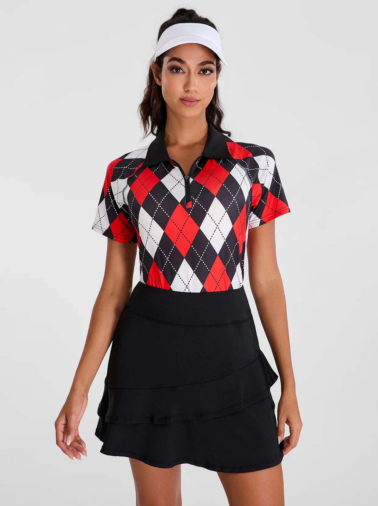 Red and Black Checkerboard Zipper Golf Polo For Women