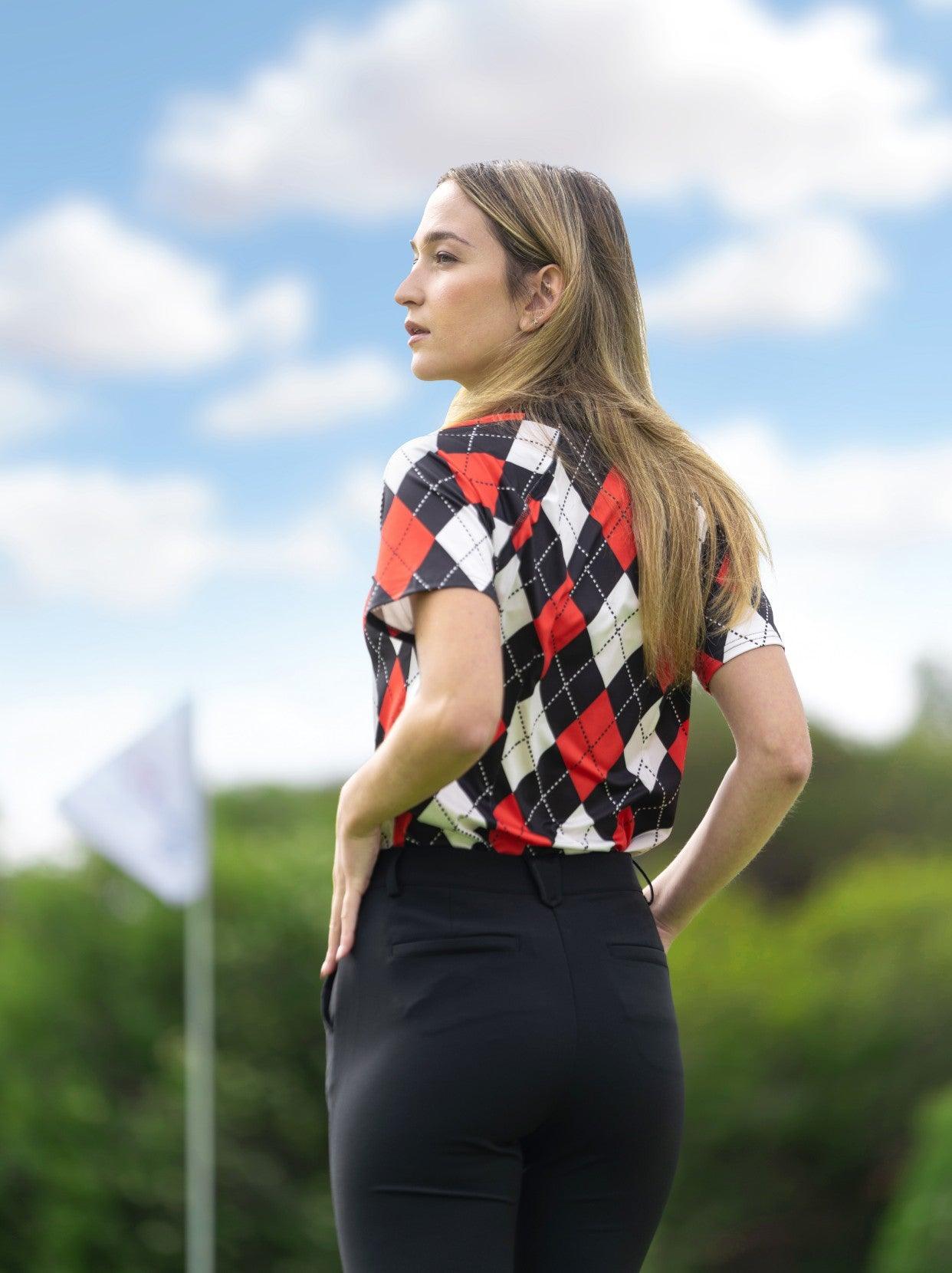 Red and Black Checkerboard Zipper Golf Polo For Women