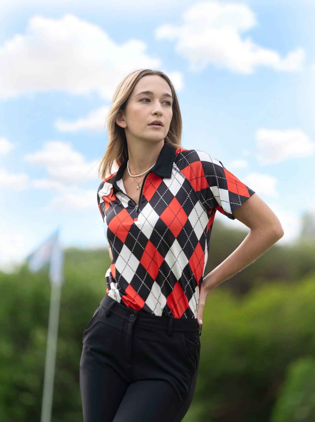 Red and Black Checkerboard Zipper Golf Polo For Women