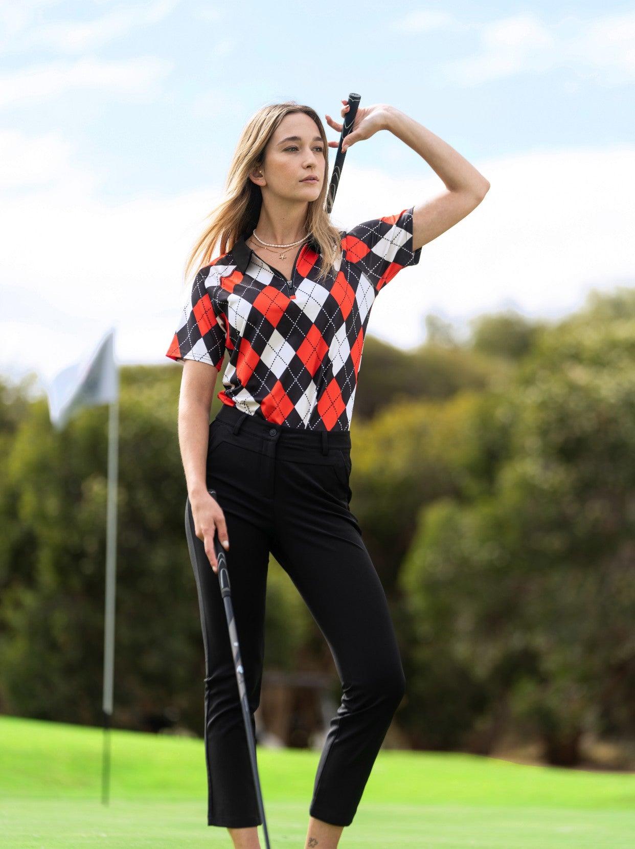 Red and Black Checkerboard Zipper Golf Polo For Women