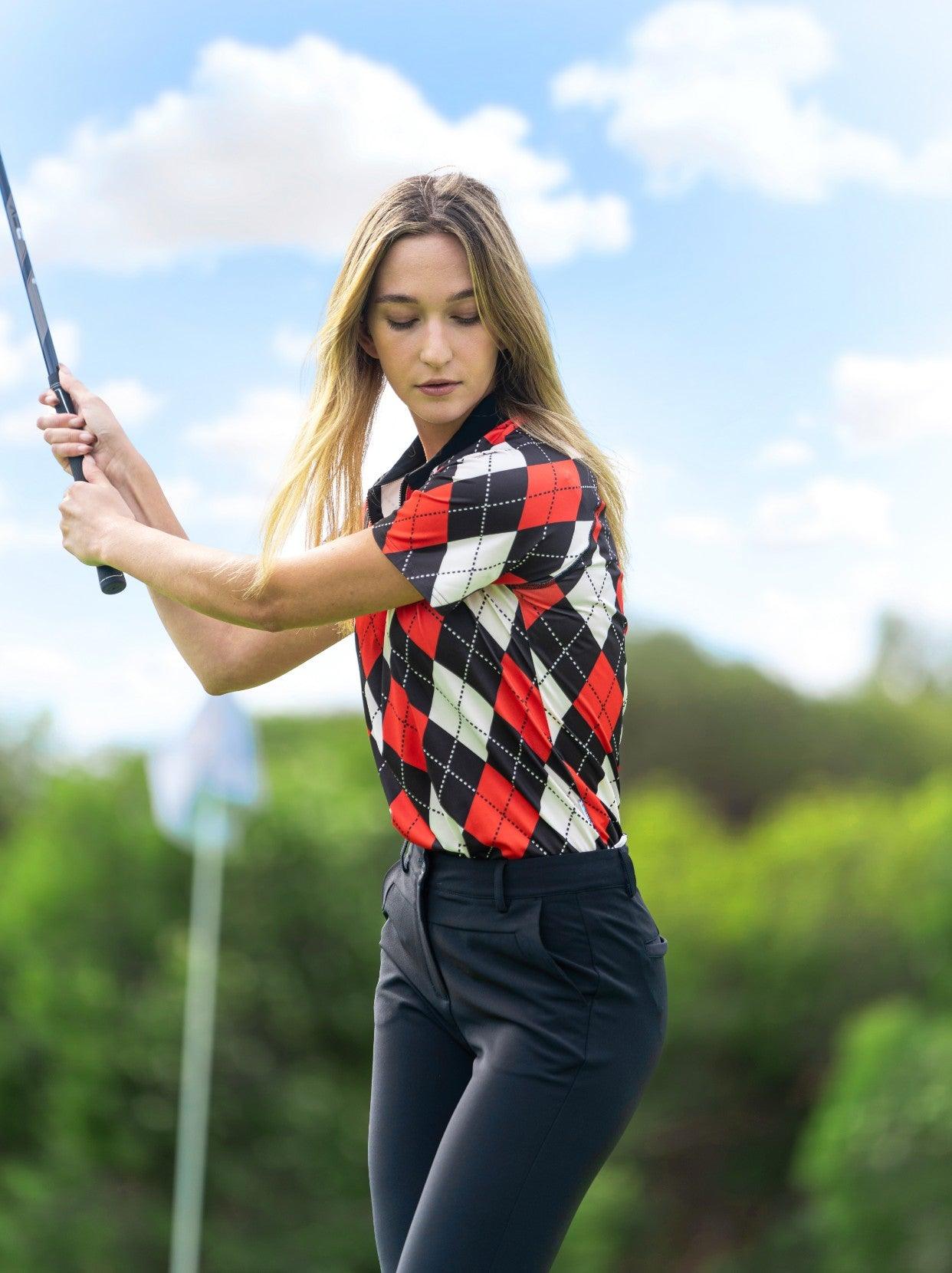 Red and Black Checkerboard Zipper Golf Polo For Women