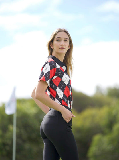 Red and Black Checkerboard Zipper Golf Polo For Women