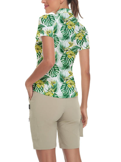 Green Print Short-sleeve Golf Polo for Ladies