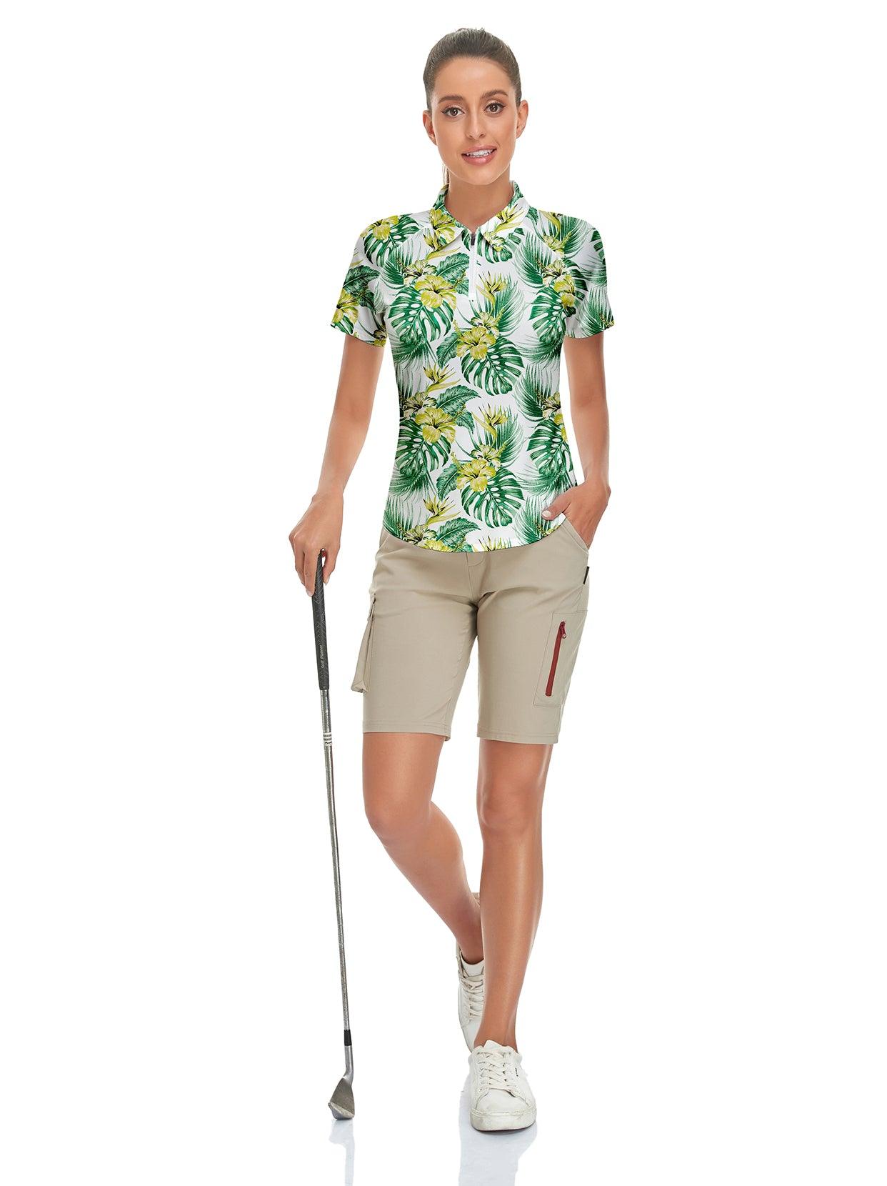 Green Print Short-sleeve Golf Polo for Ladies