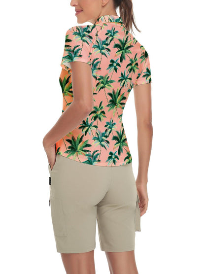 Green Coconut Trees on Pink Background Short-sleeve Golf Polo for Ladies