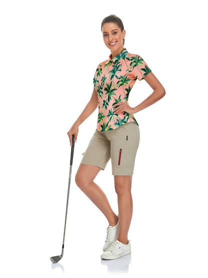 Green Coconut Trees on Pink Background Short-sleeve Golf Polo for Ladies