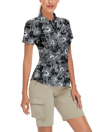 Flower Print on Black Background Short-sleeve Golf Polo for Ladies