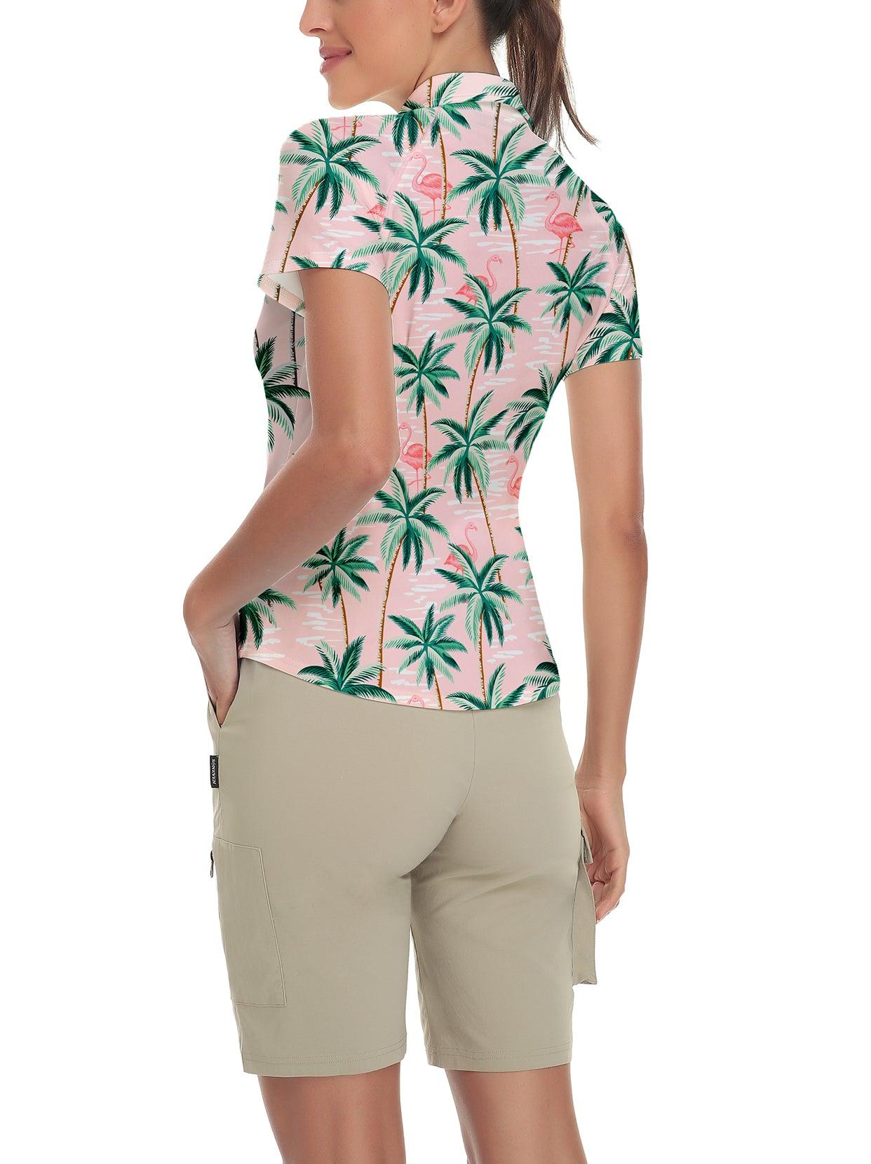 Green Coconut Trees on Pink Background Short-sleeve Golf Polo for Ladies