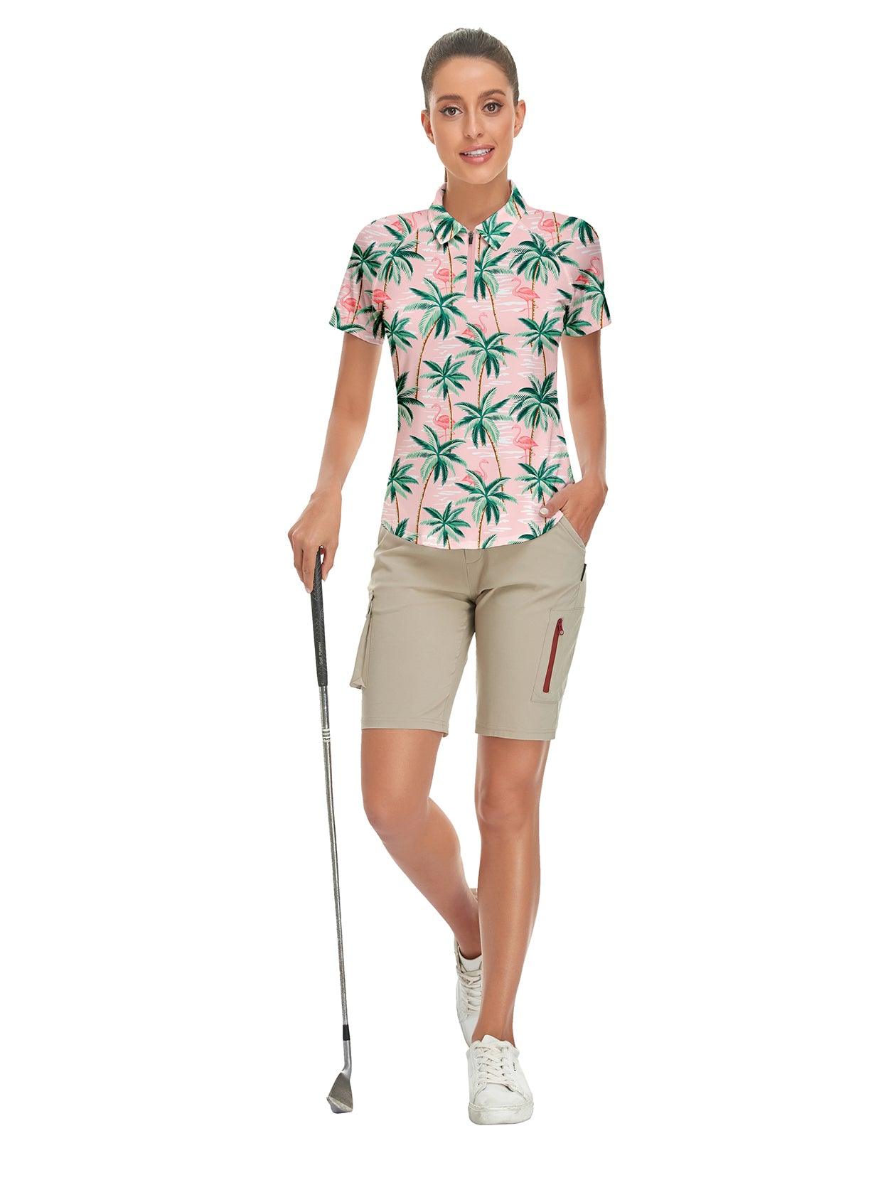 Green Coconut Trees on Pink Background Short-sleeve Golf Polo for Ladies