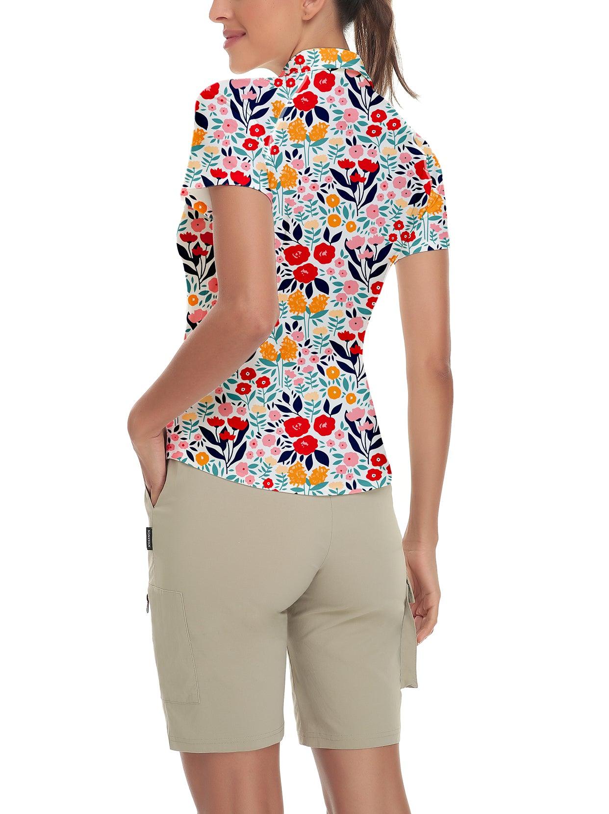 Colorful Print on White Background Short-sleeve Golf Polo for Ladies