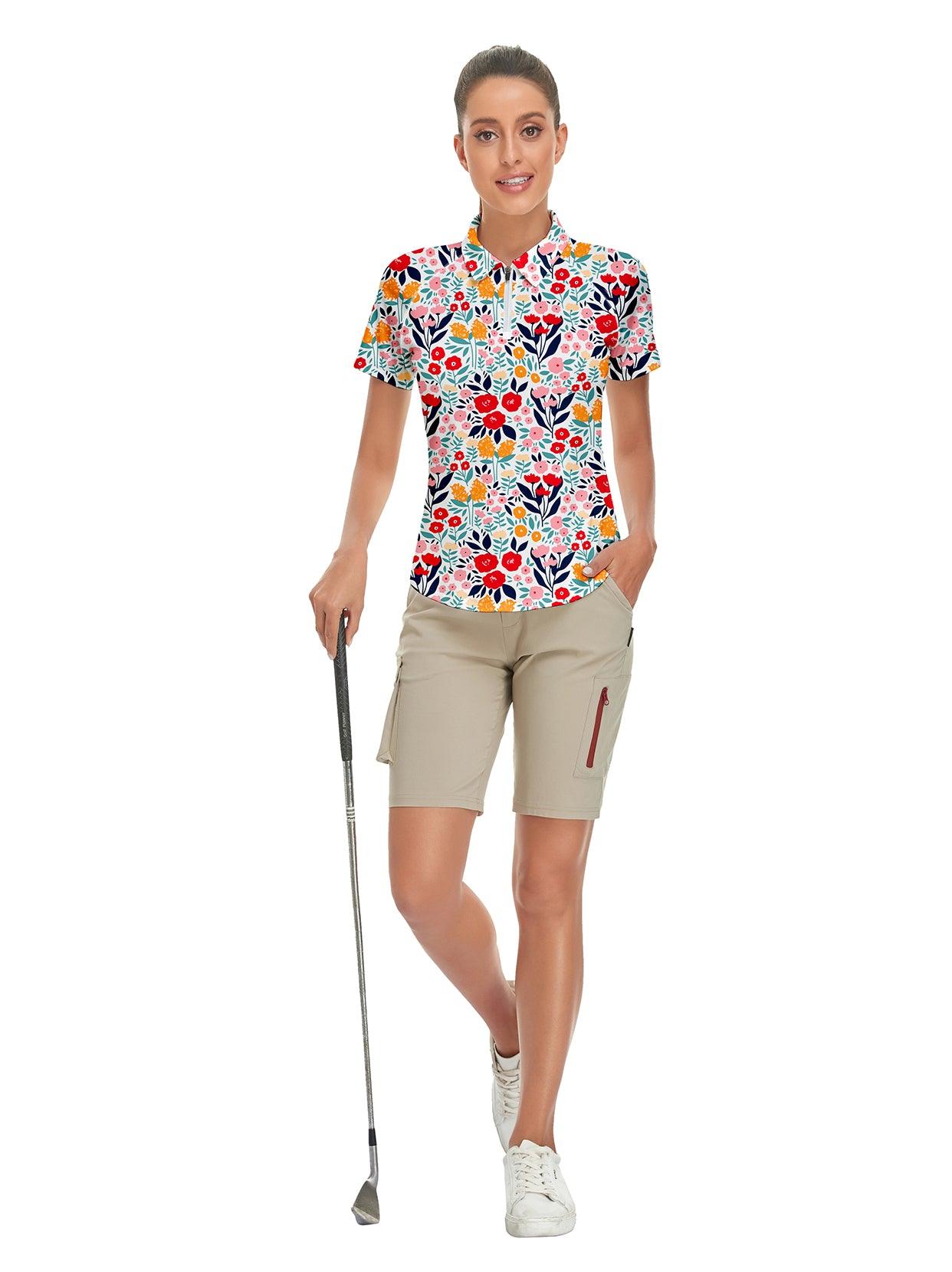 Colorful Print on White Background Short-sleeve Golf Polo for Ladies