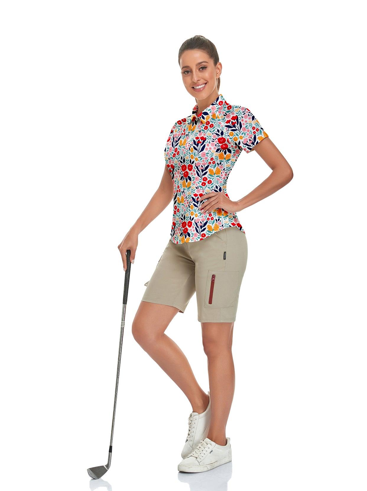 Colorful Print on White Background Short-sleeve Golf Polo for Ladies