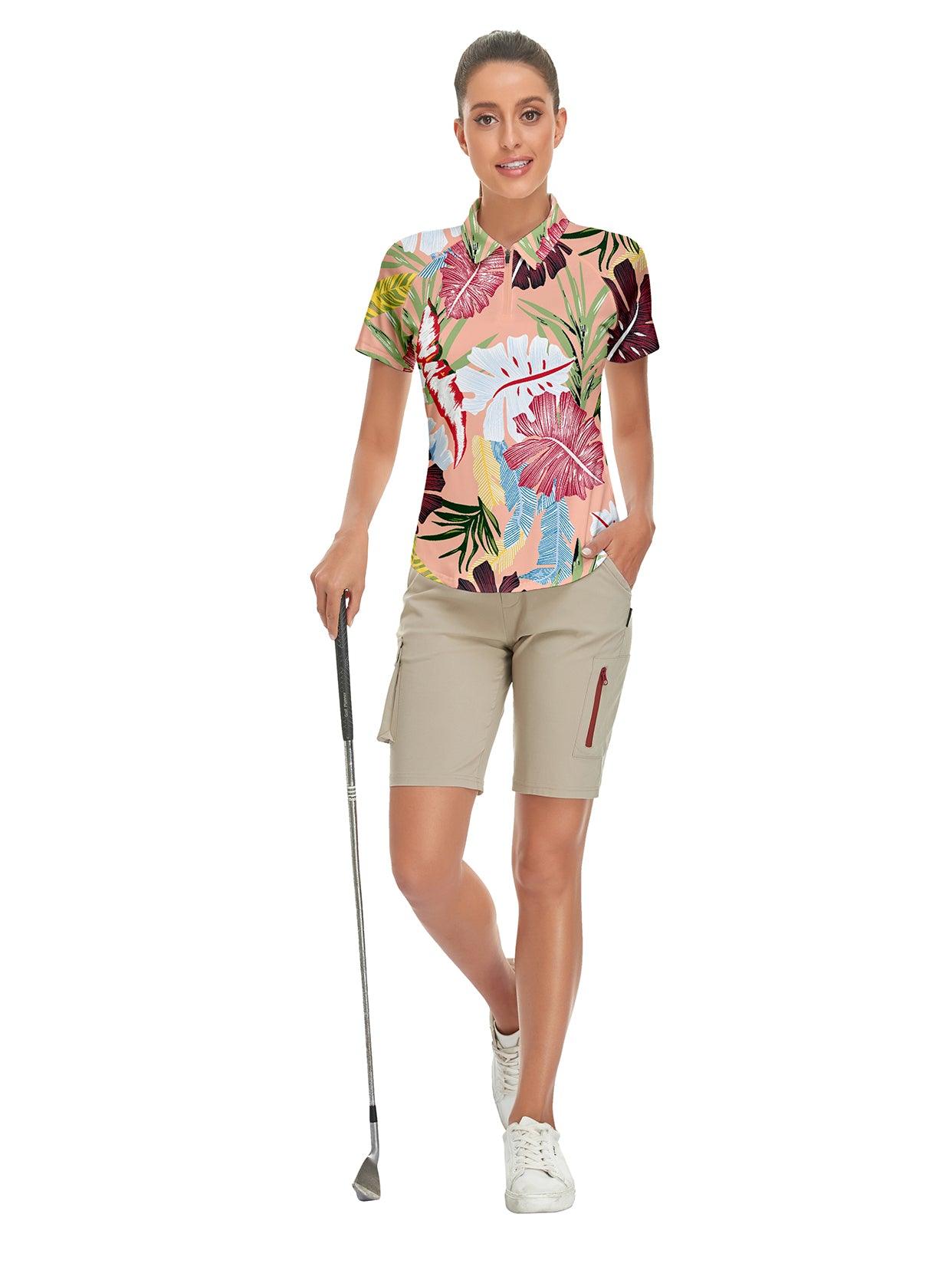 Orange Background of Leaves Short-sleeve Golf Polo for Ladies