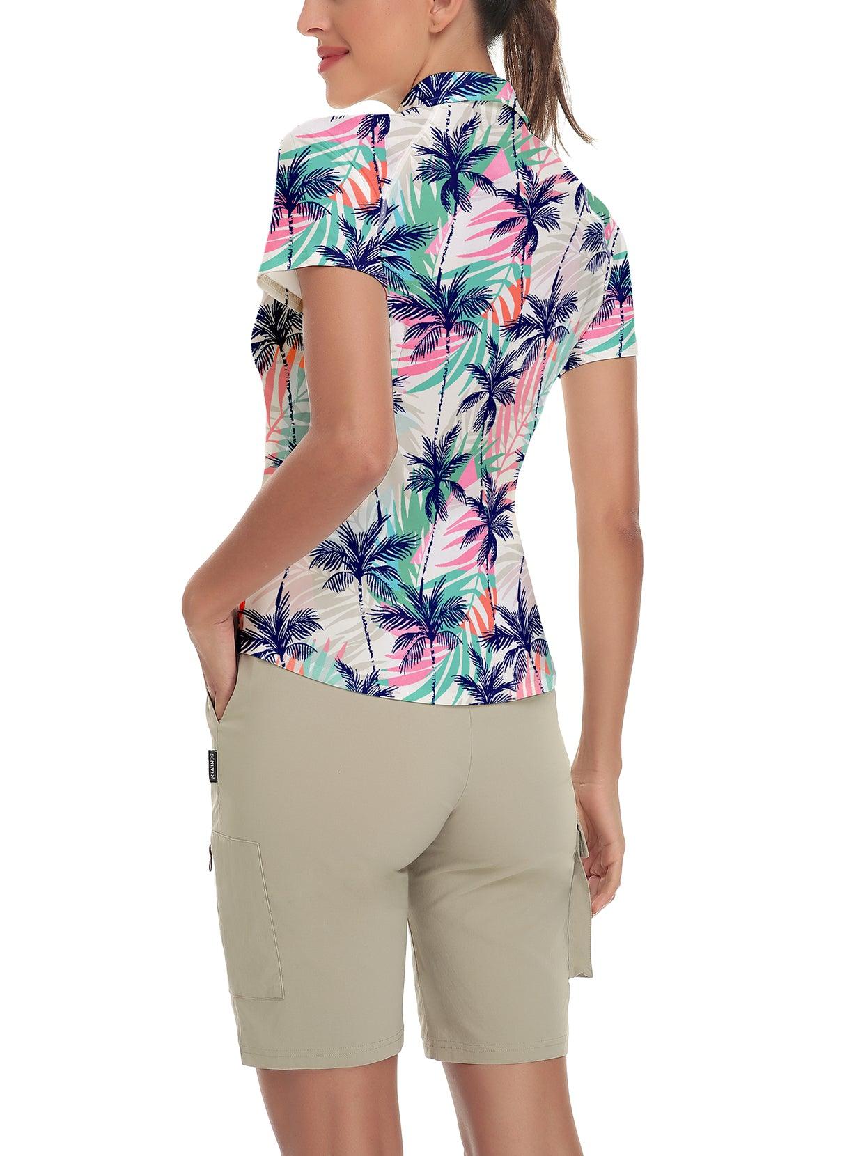 Pink and Blue Coconut Tree Short-sleeve Golf Polo for Ladies