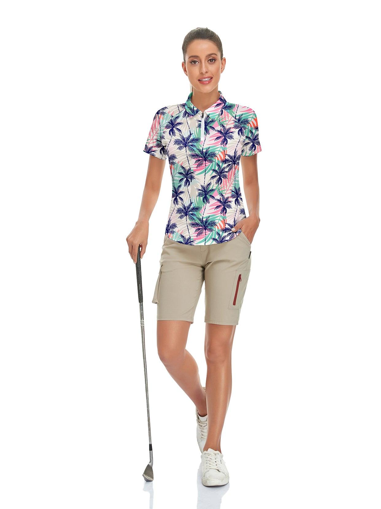 Pink and Blue Coconut Tree Short-sleeve Golf Polo for Ladies