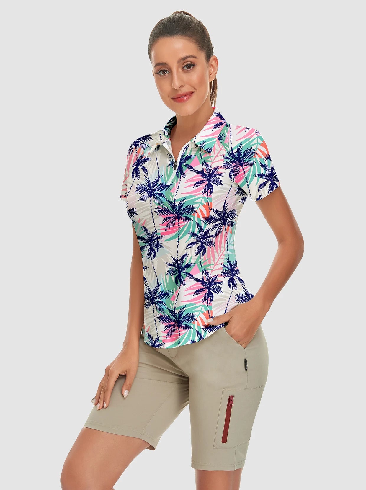 Pink and Blue Coconut Tree Short-sleeve Golf Polo for Ladies