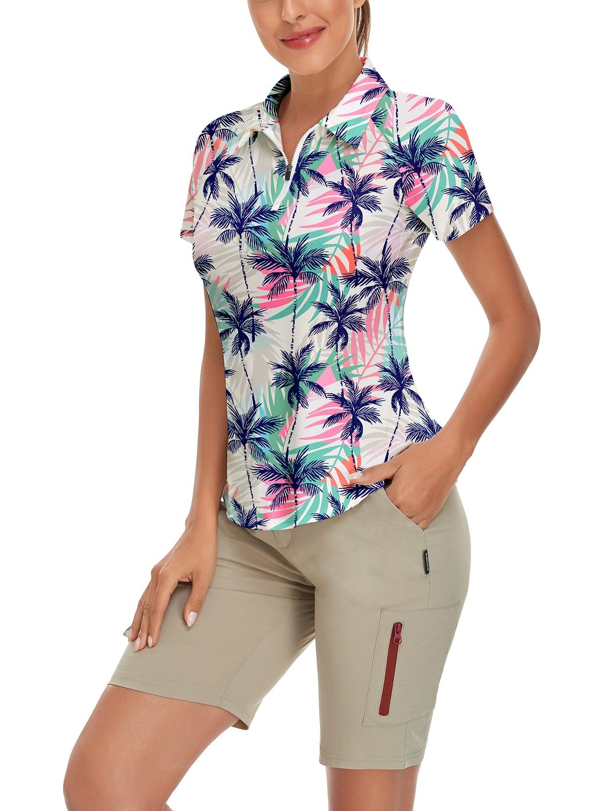 Pink and Blue Coconut Tree Short-sleeve Golf Polo for Ladies