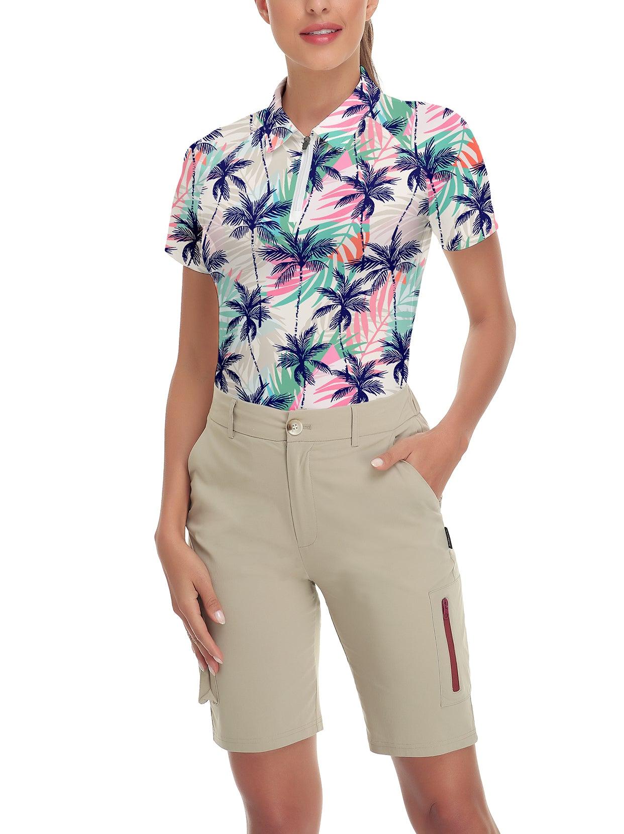 Pink and Blue Coconut Tree Short-sleeve Golf Polo for Ladies