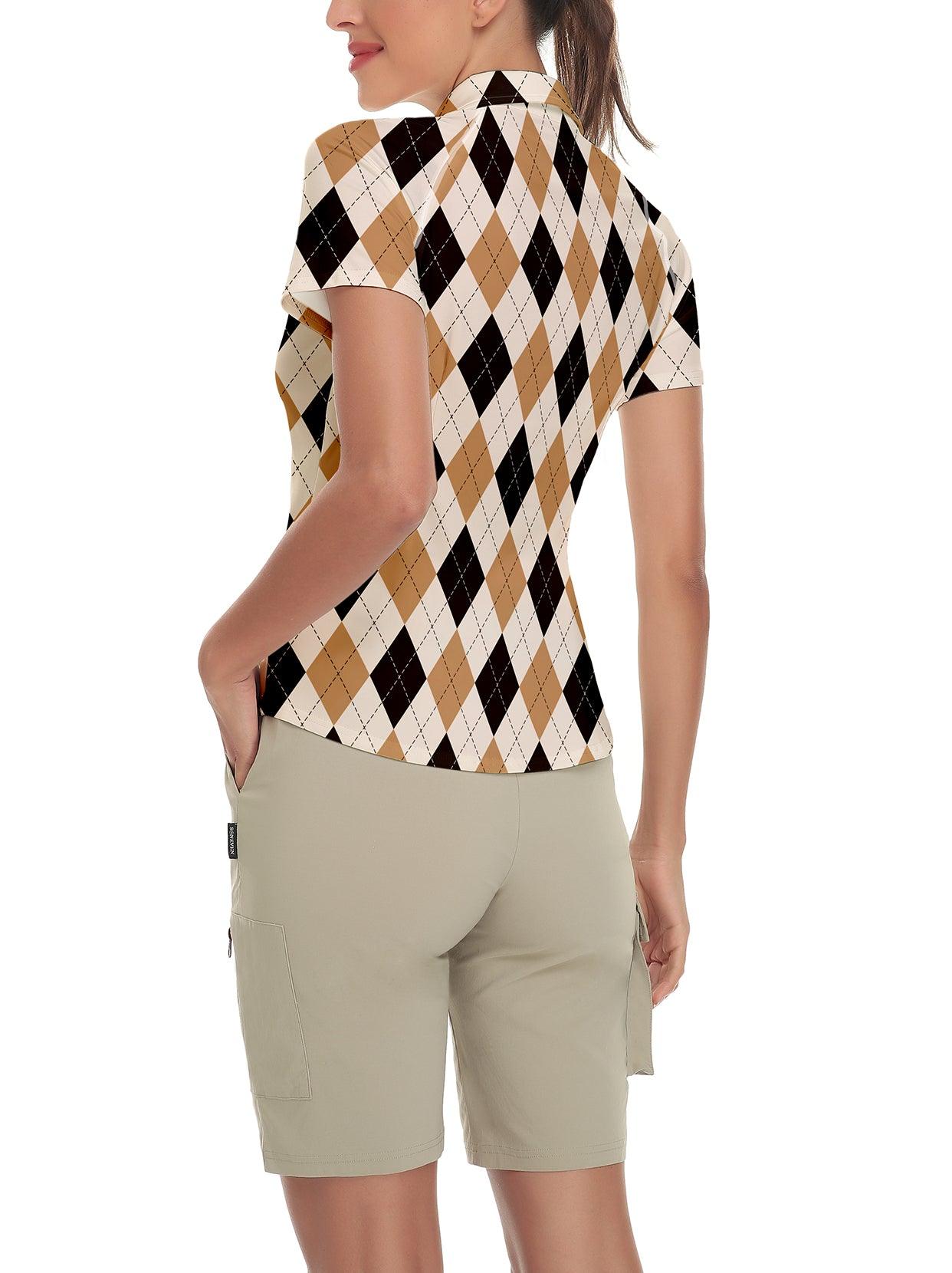 Black and Brown Checkerboard V-neck Short-sleeved Polo Golf and Tennis Top