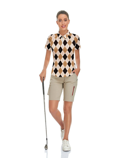 Black and Brown Checkerboard V-neck Short-sleeved Polo Golf and Tennis Top