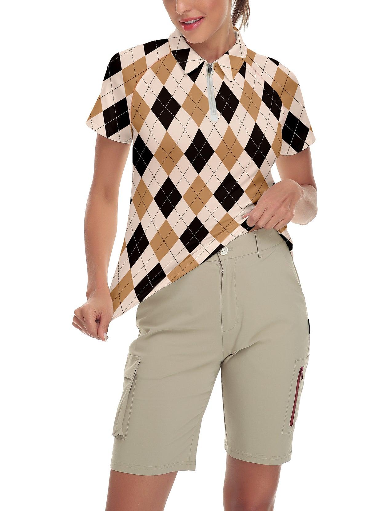 Black and Brown Checkerboard V-neck Short-sleeved Polo Golf and Tennis Top