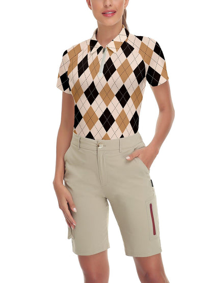 Black and Brown Checkerboard V-neck Short-sleeved Polo Golf and Tennis Top