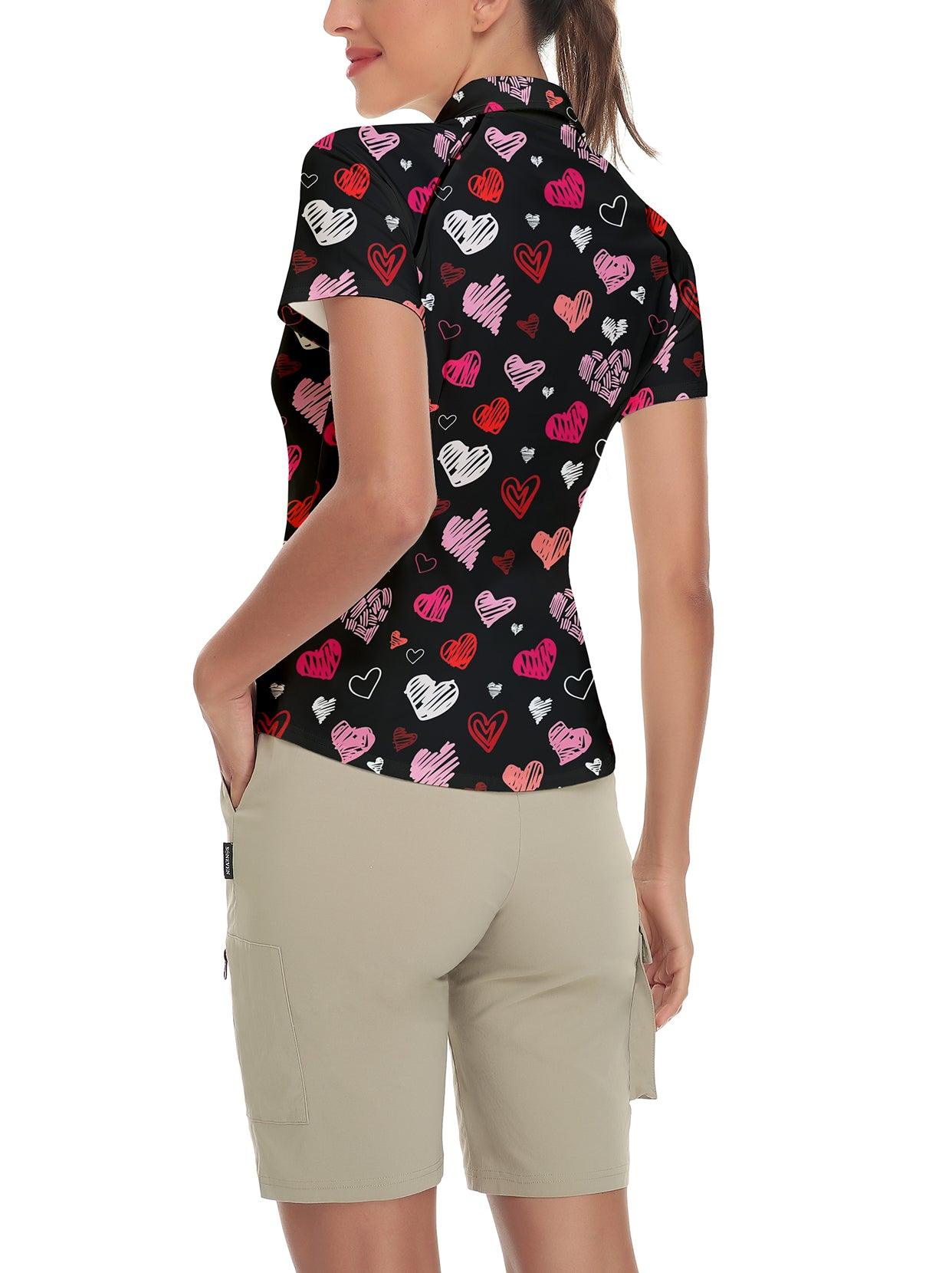 Heart Print on Black Background Short-sleeve Golf Polo for Women