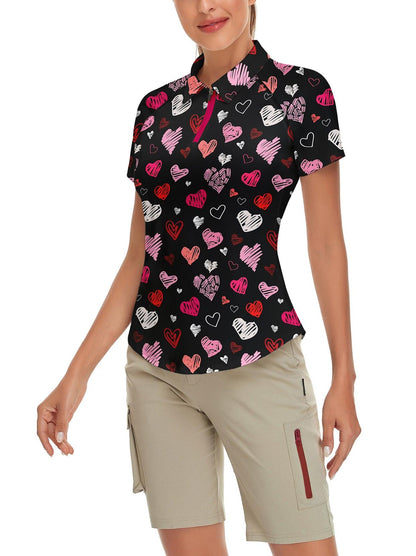 Heart Print on Black Background Short-sleeve Golf Polo for Women