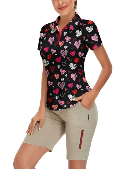 Heart Print on Black Background Short-sleeve Golf Polo for Women