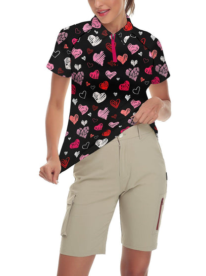 Heart Print on Black Background Short-sleeve Golf Polo for Women