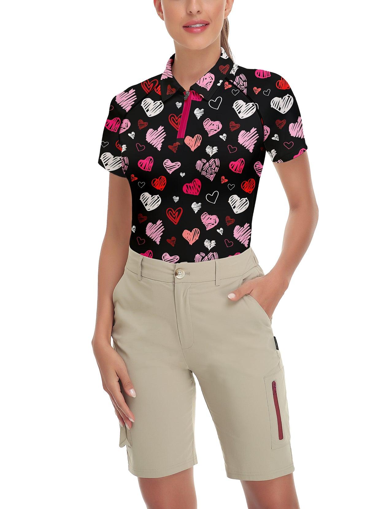 Heart Print on Black Background Short-sleeve Golf Polo for Women